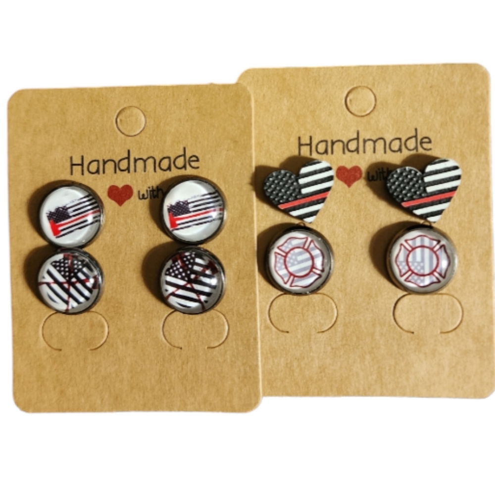 Red Line/Firefighter Mix Bulk/Pack Stud Earrings (4 Pairs)  1 Wood, 3 Bezel
